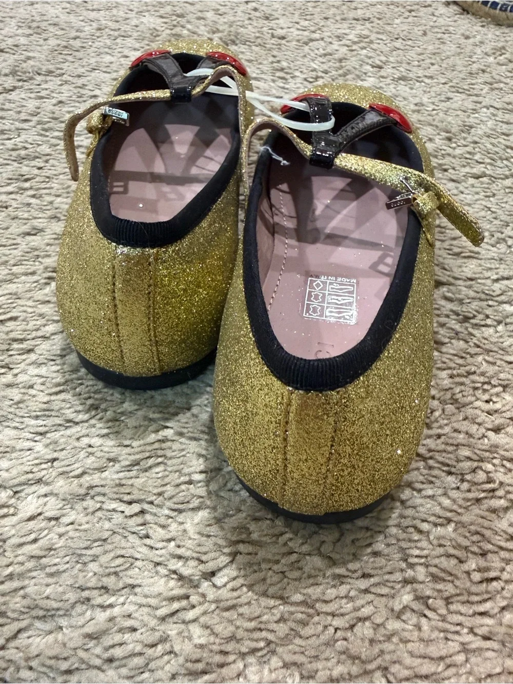 Gucci Girls' Gold Glitter Mary Jane Flats with Red Heart Accents